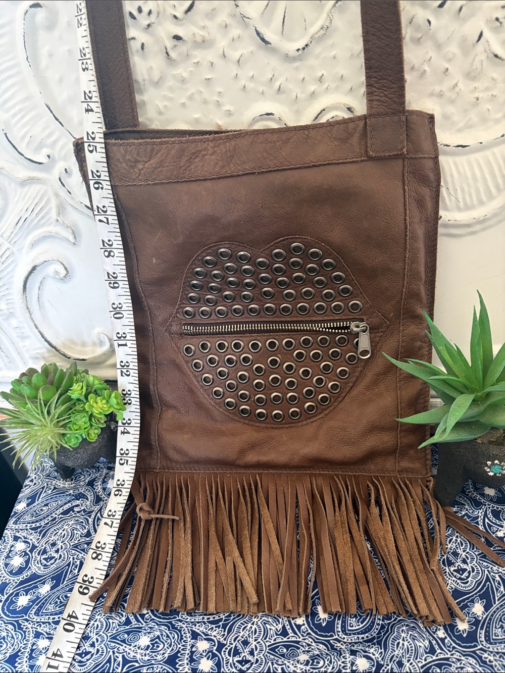 Sonia Rykiel Brown Leather Fringe Shoulder Bag with Grommet Zip Detail